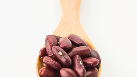 A detailed, top-down view of dark red kidney beans filling a wooden spoon against a plain white background.の写真素材