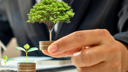 A close-up shot of a hand holding stacked coins with a tiny tree sprouting from the top, representing financial growth and investment.の写真素材