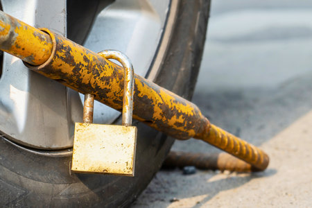 A close-up shot of a weathered yellow metal bar locked with a brass padlock around a tire, suggesting security or immobilization.の写真素材