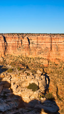 A wide, sunlit canyon with layered rock formations and sparse vegetation under a bright, cloudless blue sky.の写真素材