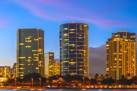 Tall, lit skyscrapers stand against a twilight sky, with palm trees and water in the foreground.の写真素材