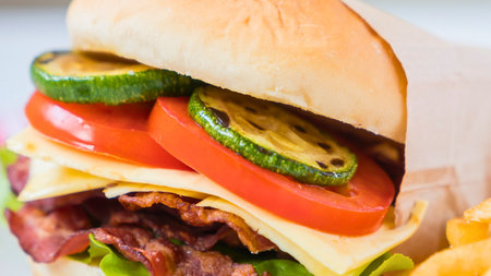 A close-up of a delicious cheeseburger with bacon, tomatoes, jalapeÃ±os, lettuce, and cheese, served with a side of golden fries.の写真素材