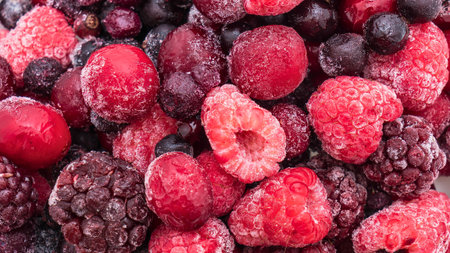 A macro view of a pile of frozen berries, showcasing the textures and colors of raspberries, blueberries, and other dark berries.の写真素材