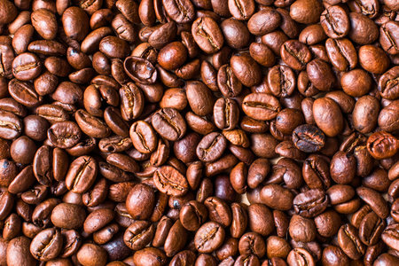 A detailed, full frame, overhead shot of numerous dark brown roasted coffee beans creating a rich textured background.の写真素材