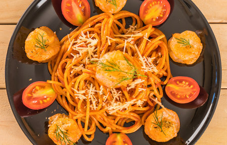 A close-up aerial view of a plate of spaghetti topped with cheese and surrounded by fresh tomato slices.の写真素材