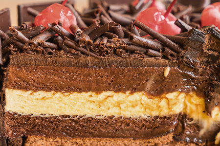 A close-up view of a rich chocolate cake, revealing layers of dark chocolate sponge, creamy filling, and topped with chocolate shavings and bright red cherries.の写真素材