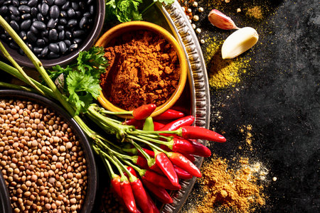 A close-up overhead shot showcases a rich collection of spices, fresh herbs, and dried legumes arranged artfully on a dark, textured background.の写真素材