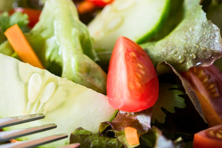 A vibrant, close-up view of a fresh garden salad featuring crisp lettuce, juicy tomato wedges, and other colorful vegetables.の写真素材