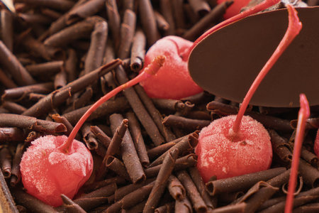 A vibrant close-up showcases bright red maraschino cherries with stems, surrounded by a rich bed of dark chocolate shavings.の写真素材