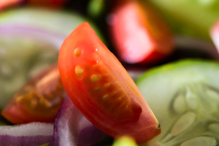 Close-up of vibrant red tomato wedges and crisp green cucumber slices, suggesting a healthy and refreshing salad.の写真素材