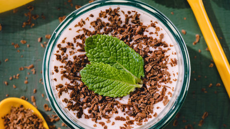A refreshing smoothie in a glass, garnished with chocolate shavings and a sprig of mint, ready to be enjoyed.の写真素材
