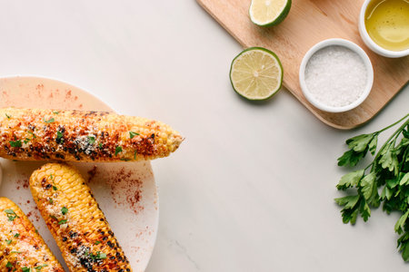 Delicious grilled corn on the cob seasoned with herbs and spices, served with lime wedges and dipping sauce.の写真素材