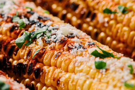 Close-up of grilled corn on the cob, generously seasoned with herbs, spices, and a sprinkle of cheese.の写真素材