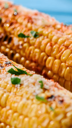 A detailed, macro shot of grilled corn on the cob, seasoned with herbs and spices, ready to be enjoyed.の写真素材
