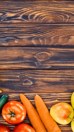 A vibrant assortment of fresh vegetables, including tomatoes, carrots, and zucchini, are artfully arranged on a textured wooden surface.の写真素材