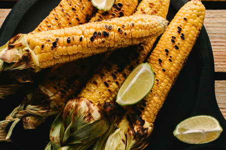 Close-up shot of several ears of grilled corn on the cob, garnished with fresh lime wedges, ready to be eaten.の写真素材