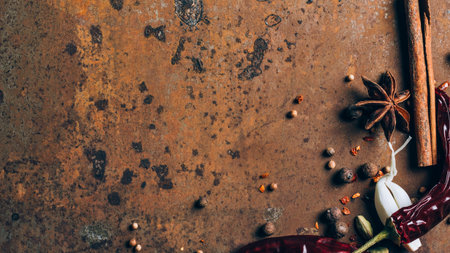 A collection of aromatic spices and dried herbs arranged on a rustic, textured background, evoking warmth and culinary inspiration.の写真素材
