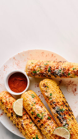 A close-up shot of grilled corn on the cob, seasoned and served with a side of chili sauce and lime wedges.の写真素材