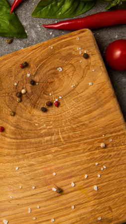A close-up shot of a weathered wooden cutting board with scattered peppercorns and chili peppers, ready for cooking.の写真素材