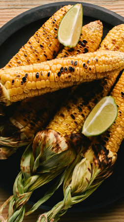 Close-up of several grilled corn cobs on a dark plate, garnished with fresh lime wedges, showcasing char marks and vibrant kernels.の写真素材