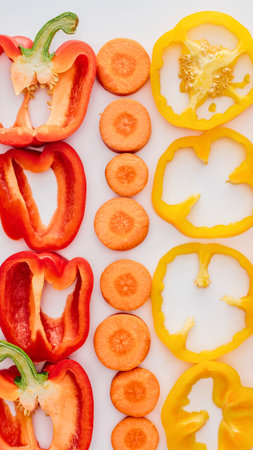 A vibrant arrangement of sliced red and yellow bell peppers and circular carrot slices on a white background.の写真素材