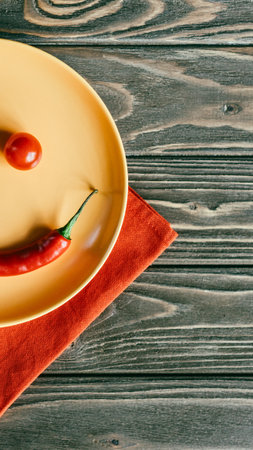 A vibrant red chili pepper rests on a light orange plate, accompanied by a textured red napkin, set against a rustic wooden surface.の写真素材