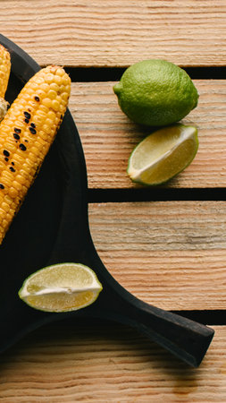 A close-up shot of grilled corn on the cob served with lime wedges and a whole lime on a wooden surface.の写真素材