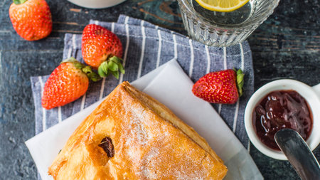 A golden brown pastry sits on a napkin, surrounded by fresh strawberries and a small dish of jam, with a glass of water in the background.の写真素材