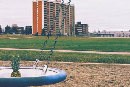 A single pineapple sits atop a public water fountain in a grassy urban park with tall buildings in the background.の写真素材