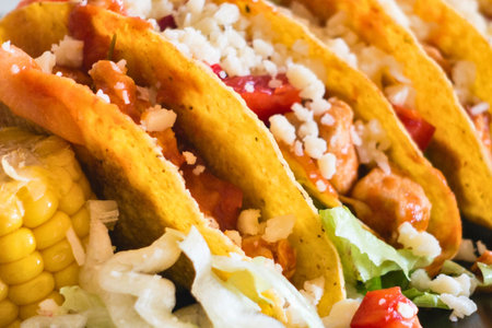A close-up shot of several golden, crispy tacos overflowing with fresh lettuce, tomatoes, corn, and crumbled cheese.の写真素材