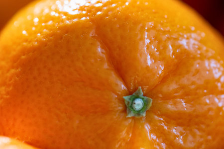 Extreme close-up of a bright orange, showcasing its bumpy, textured peel and a small green stem nub.の写真素材