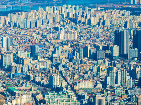An overwhelming aerial perspective showcases a vast urban sprawl filled with numerous high-rise buildings and a dense network of streets.の写真素材