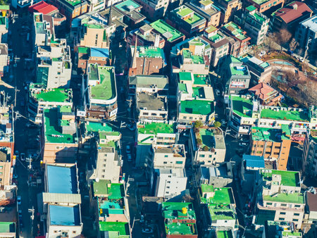 An overhead perspective showcases a dense urban landscape with buildings of various colors, casting long, distinct shadows.の写真素材