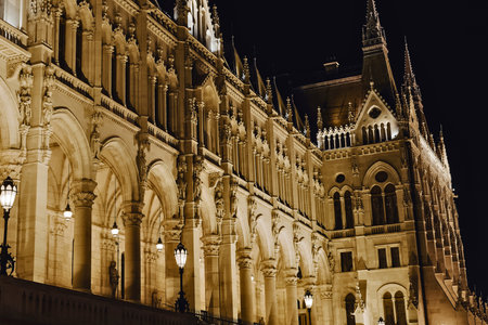 A close-up view of a grand, intricately detailed building with Gothic architectural elements, beautifully lit against the dark night sky.の写真素材