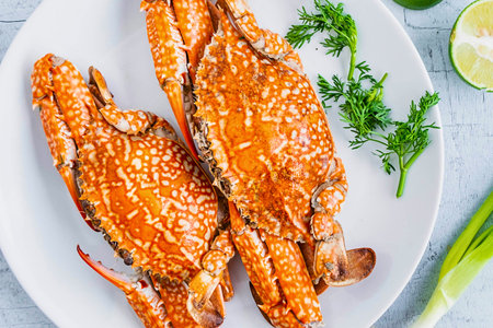 Two vibrant, perfectly cooked crab legs are presented on a white plate, garnished with fresh herbs and a slice of lime.の写真素材