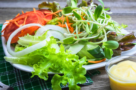 A vibrant, healthy salad featuring crisp lettuce, sprouts, shredded carrots, and onion rings, served on a white plate with a side of dressing.の写真素材
