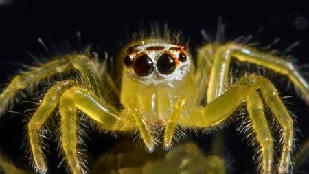 A detailed macro photograph captures a vibrant yellow jumping spider with prominent eyes and fuzzy legs against a dark background.の写真素材