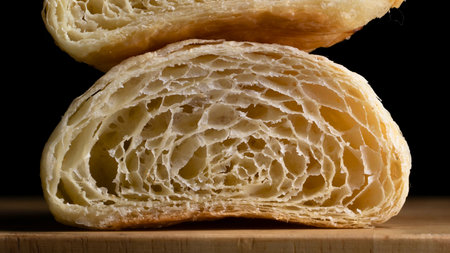 A detailed view of a croissant's interior reveals its delicate, airy, and flaky layers, highlighting the baking process.の写真素材
