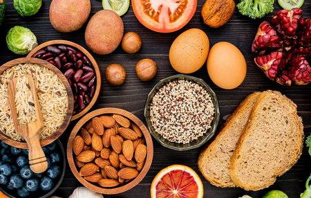 A vibrant, top-down view showcases a diverse assortment of fresh fruits, vegetables, nuts, seeds,...