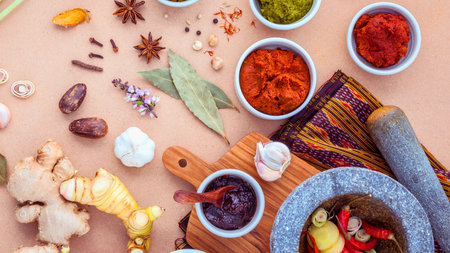 A colorful overhead view showcases a variety of spices, herbs, garlic, ginger, and chili peppers arranged around a mortar and pestle.の写真素材