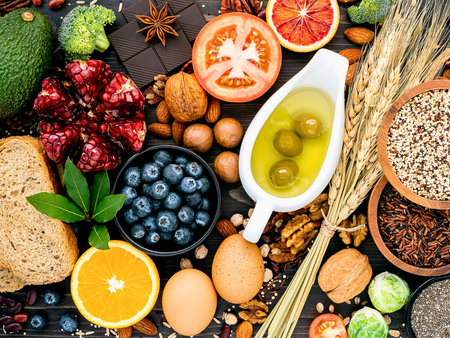 A top-down view showcases a colorful and diverse collection of fresh fruits, vegetables, nuts, grains, and olive oil.の写真素材