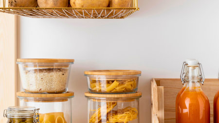 A neatly organized pantry shelf displays various jars filled with food items and bottles of liquids, suggesting a well-stocked kitchen.の写真素材