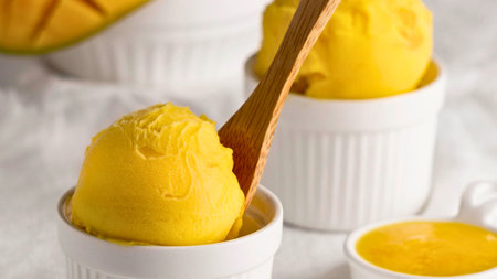 Bright yellow mango sorbet is served in white ramekins with a wooden spoon, offering a cool and fruity dessert.の写真素材