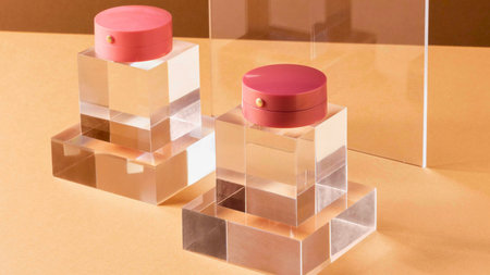 Elegant crystal lipstick holders with pink caps are displayed on a warm, textured background, showcasing a minimalist and luxurious aesthetic.の写真素材