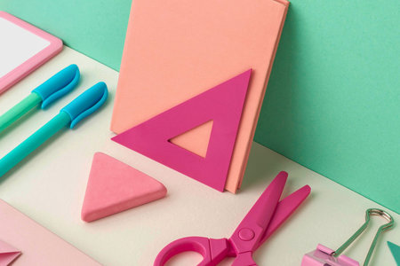 A vibrant collection of pink and teal stationery items, including pens, scissors, and a protractor,...