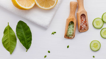A flat lay of fresh lemon halves, cucumber slices, green leaves, and wooden scoops filled with natural ingredients for skincare.の写真素材