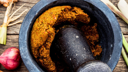 A close-up overhead shot shows a dark stone mortar and pestle filled with a vibrant yellow spice paste, surrounded by ingredients.の写真素材