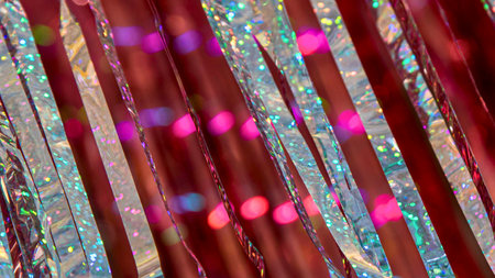Diagonal strands of red and silver tinsel create a festive, shimmering background with blurred pink and blue bokeh lights.の写真素材
