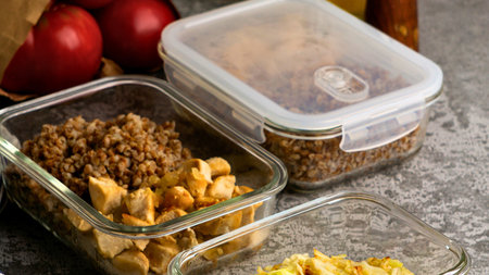 Glass food containers filled with prepped meals, ready for refrigeration or transport. Healthy eating and meal prep.の写真素材