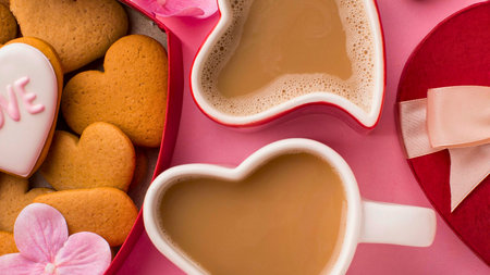 A delightful arrangement of heart-shaped cookies and coffee mugs, perfect for a romantic Valentine's Day celebration.の写真素材
